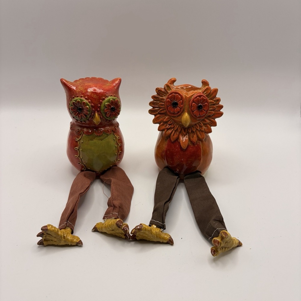 Fall Owl Shelf Sitter Figurines Pair Dangling Legs Autumn Thanksgiving Decor